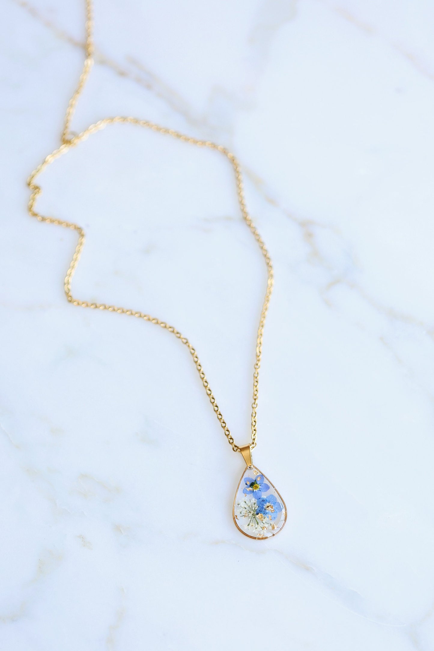 Forget Me Not Teardrop Resin Dangle Earrings | Necklaces