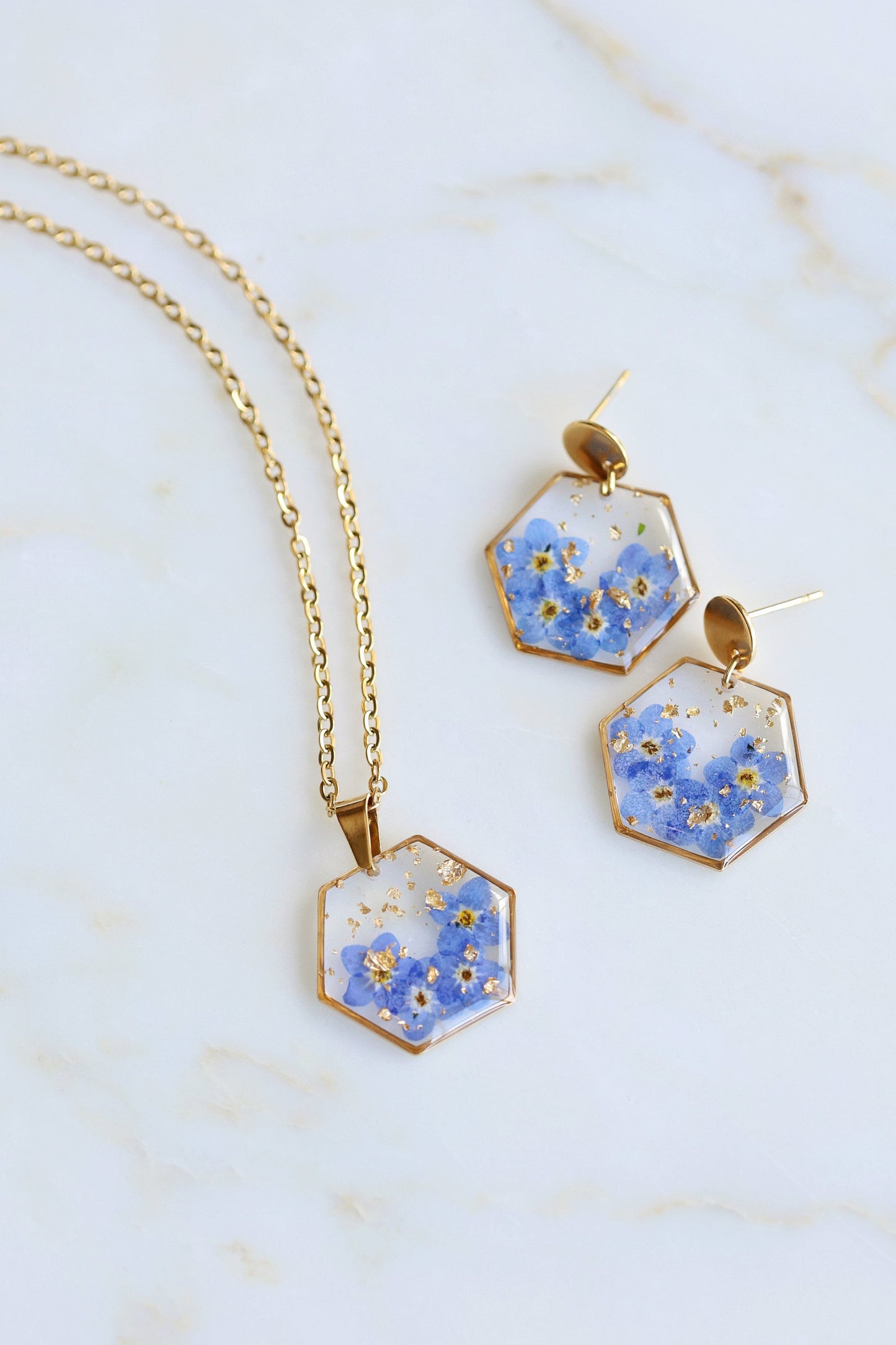 Forget Me Not Hexagon Resin Dangle Earrings | Necklaces