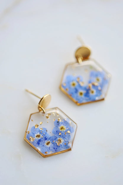 Forget Me Not Hexagon Resin Dangle Earrings |  Necklaces