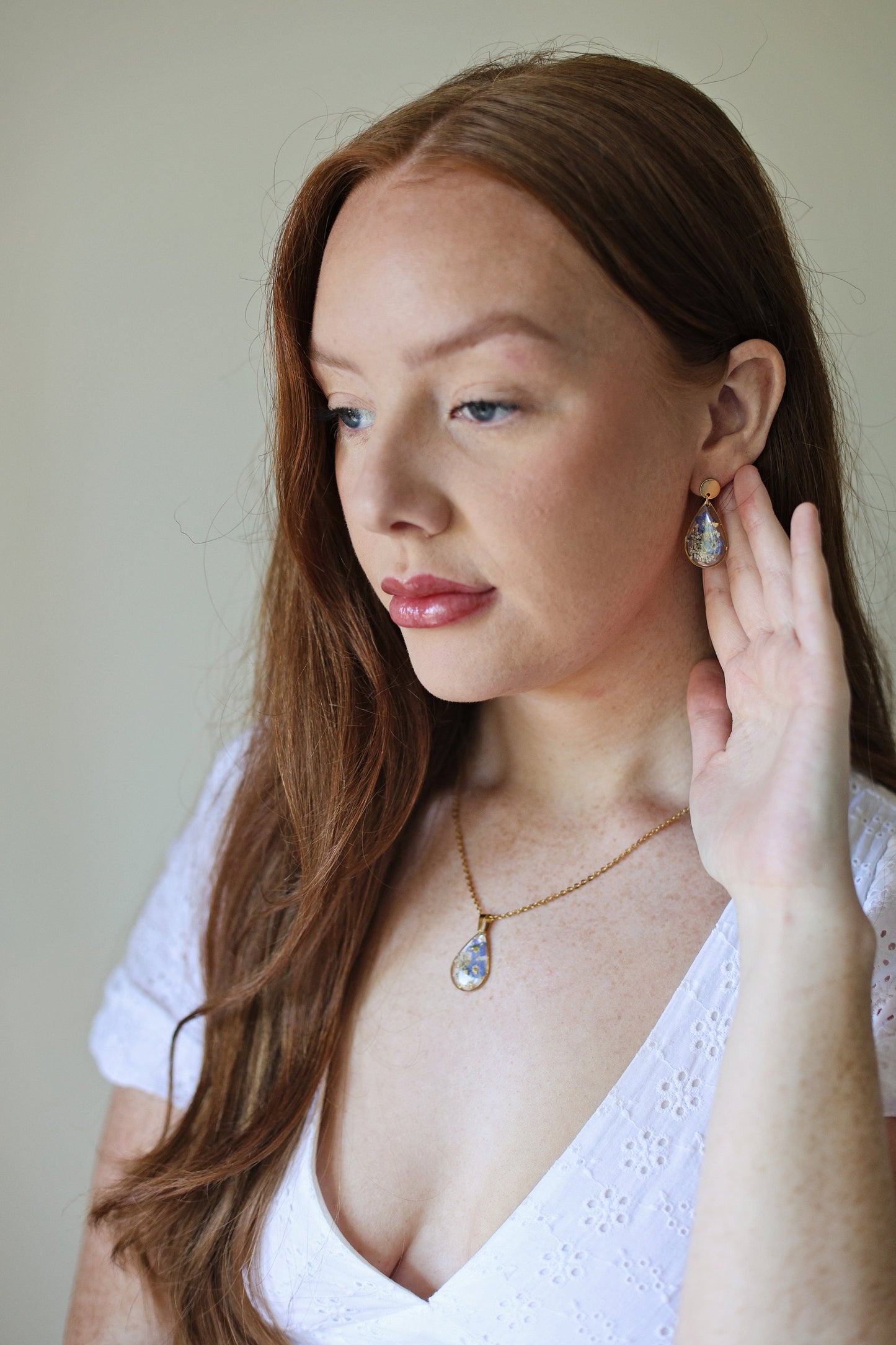 Forget Me Not Teardrop Resin Dangle Earrings | Necklaces