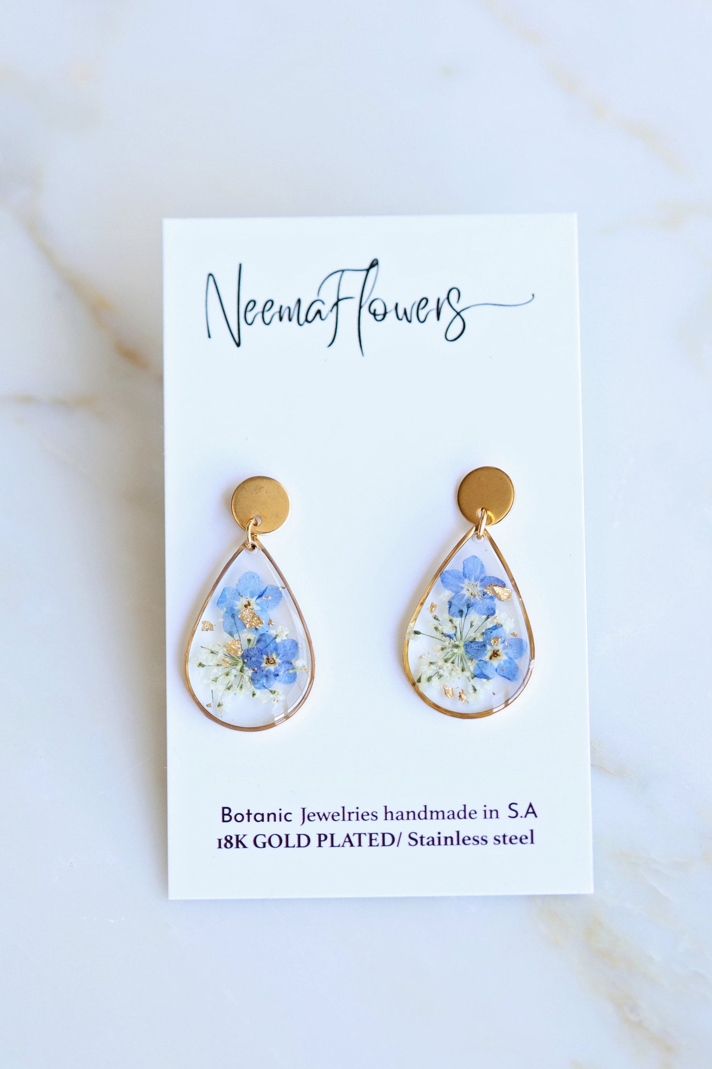 Forget Me Not Teardrop Resin Dangle Earrings | Necklaces