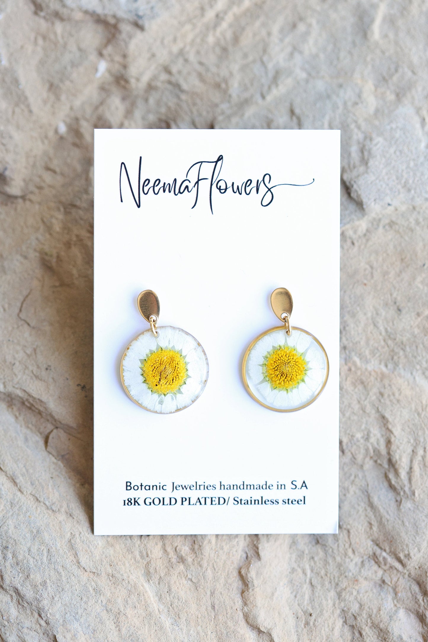 Pressed Round Dried Daisy Flower | Necklace and Earrings Botanical Jewelry | 18K Gold plated metal | Stainless steel