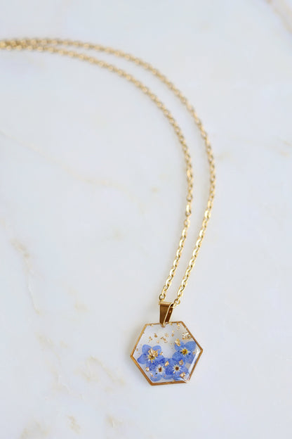 Forget Me Not Hexagon Resin Dangle Earrings |  Necklaces