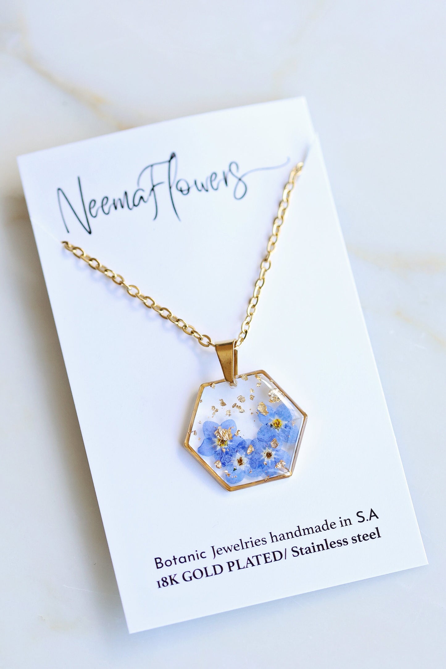 Forget Me Not Hexagon Resin Dangle Earrings |  Necklaces