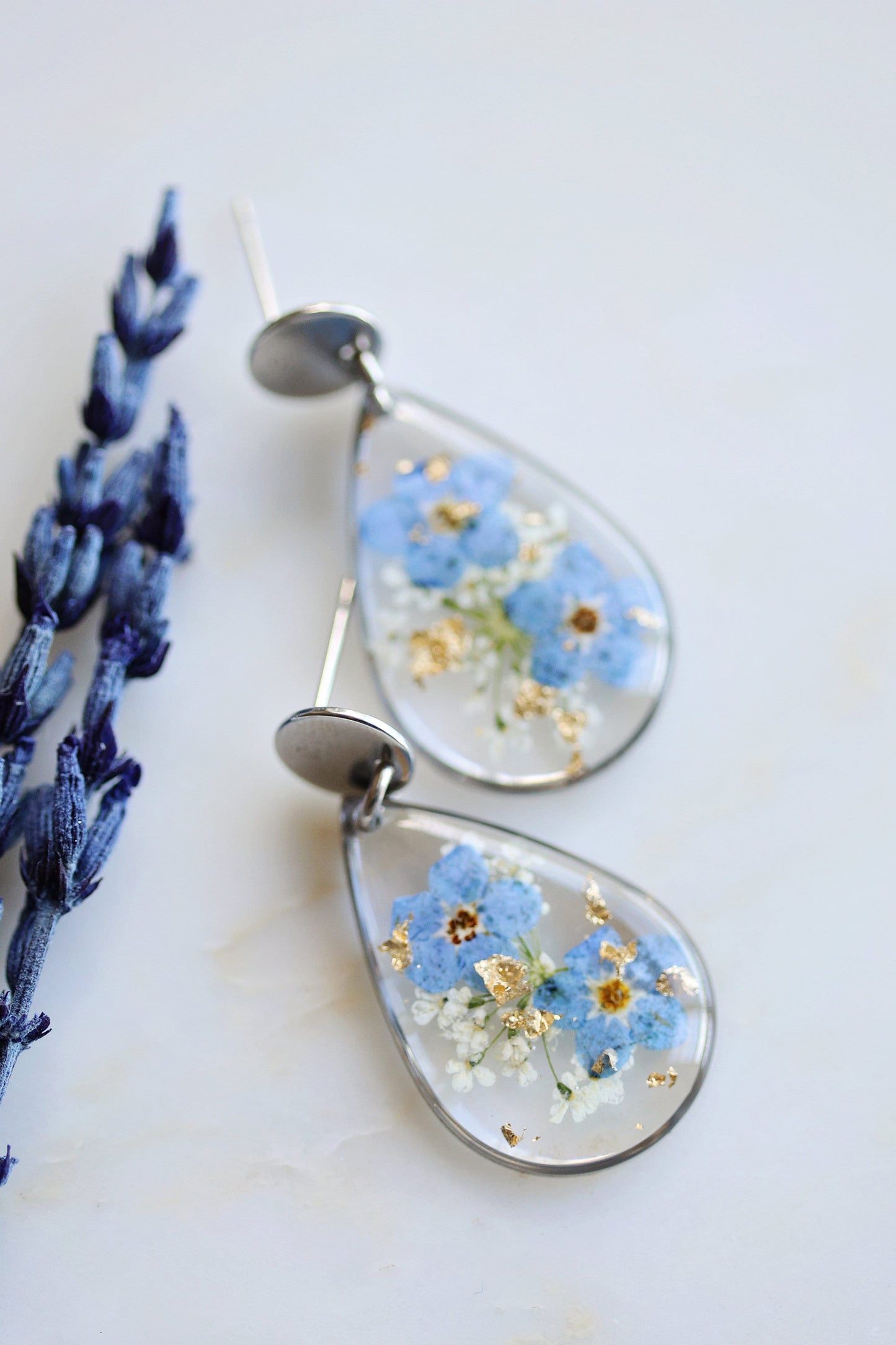 Forget Me Not Teardrop Resin Dangle Earrings | Necklaces