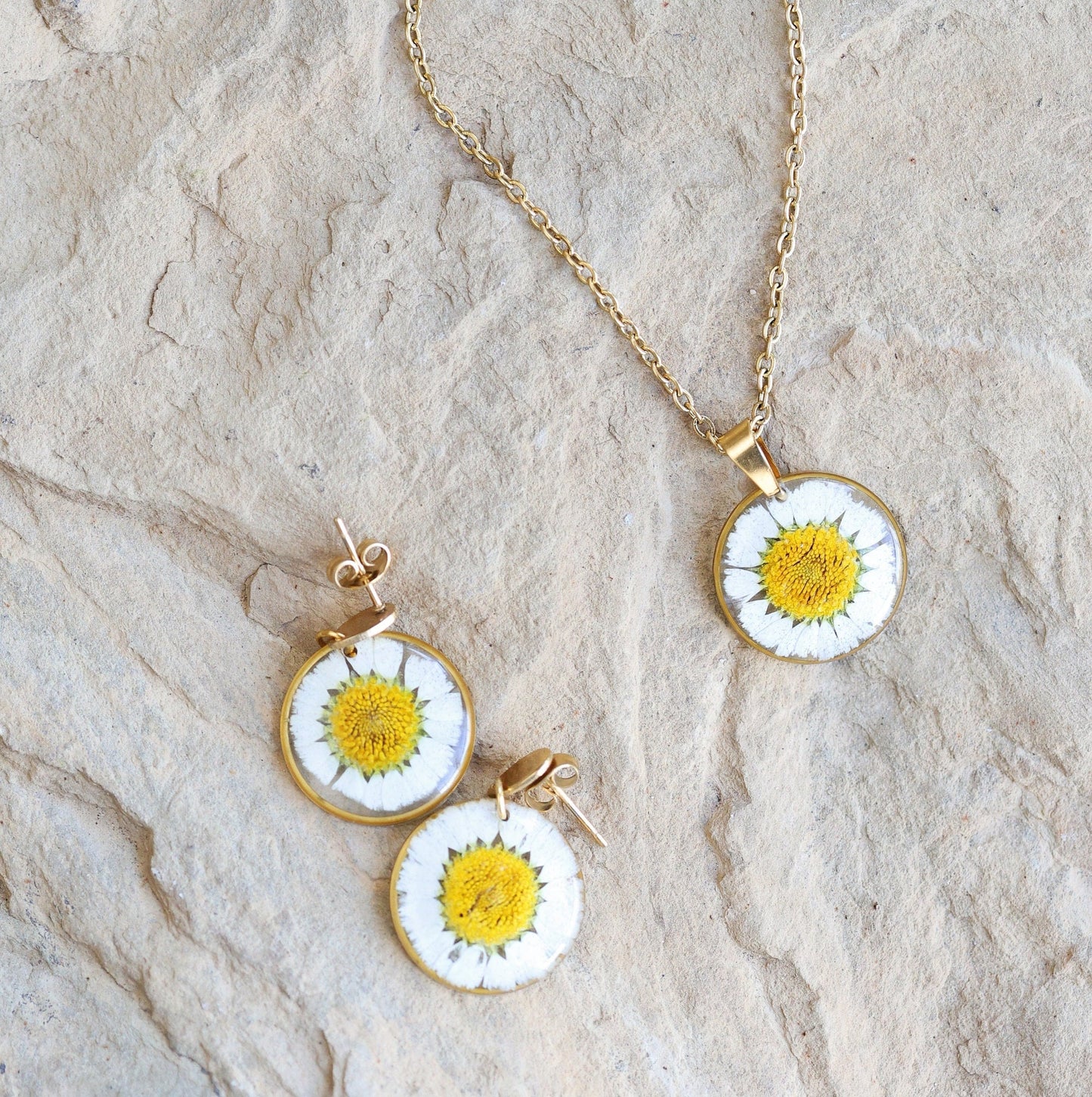 Pressed Round Dried Daisy Flower | Necklace and Earrings Botanical Jewelry | 18K Gold plated metal | Stainless steel